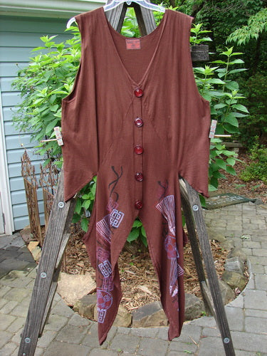 Barclay Calligrapher's Vest Asian Inspiration Forest Sepia Size 0 displayed on a wooden ladder, featuring a deep V-neck, five buttons, and unique dramatic sides.