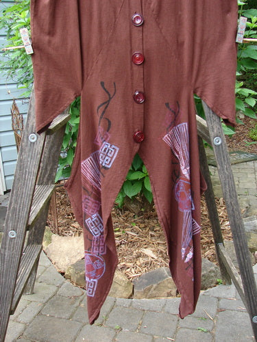 Barclay Calligrapher's Vest Asian Inspiration Forest Sepia Size 0 displayed on a wooden ladder, showcasing detailed lines, dramatic sides, and vintage buttons, reflecting unique, vintage Blue Fish Clothing style.