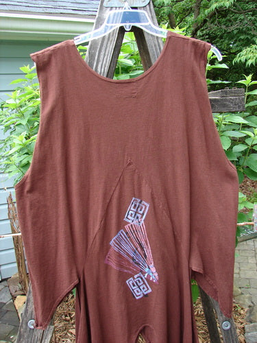 Barclay Calligrapher's Vest in Sepia with Asian Inspiration Forest Theme and intricate fan design, featuring a deep V neckline and dramatic sides, showcased on a hanger.