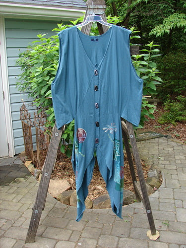 Barclay Calligrapher's Vest Asian Inspiration Deep Tealen Size 2 displayed on a wooden ladder, featuring dramatic sides, open hips, a deep V neckline, and vintage buttons.