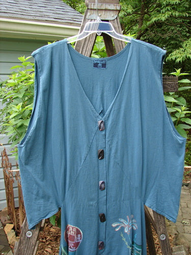 Barclay Calligrapher's Vest Asian Inspiration Deep Tealen Size 2, featuring a dramatic shape, open hips, deep V neckline, and vintage buttons, displayed on a hanger.