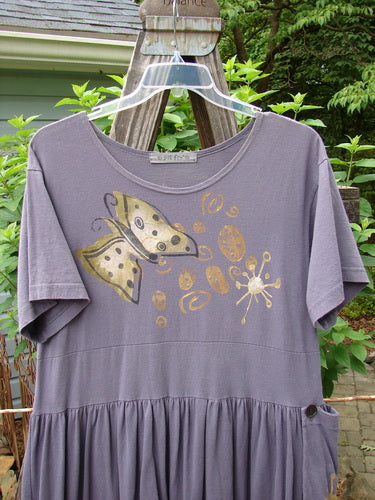 1996 Constellation Dress Butterfly Purple Martin Size 1 featuring a painted butterfly, adjustable hemline with loops and buttons, scooped neckline, and removable pocket, crafted from organic cotton for creative styling.