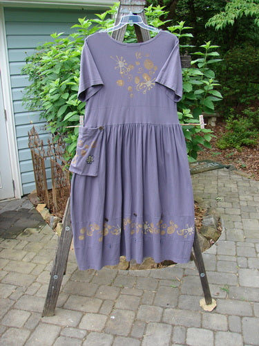 1996 Constellation Dress Butterfly Purple Martin Size 1, displayed on a clothes rack, features an adjustable hemline with loops and buttons, a scooped neckline, and a removable pocket.