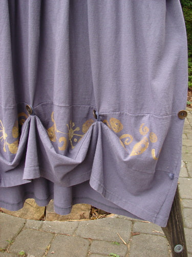1996 Constellation Dress Butterfly Purple Martin Size 1, showcasing a creatively accented adjustable hemline with buttons, a gathered full skirt, and a deeper scooped neckline.