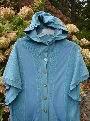 Barclay Celtic Moss Hooded Pocket Cardigan, Dusty Aqua, Size 0, featuring a floppy hood, short sleeves, two exterior pockets, curly edgings, and full button front.