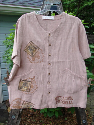 1998 Botanicals Robin's Top Bee Mallow Size 0: A pink shirt with brown patches, featuring bumble bee and garden-themed paint, dual front pockets, and seven buttons.