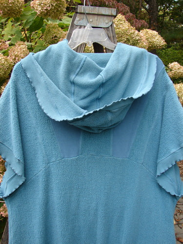 Barclay Celtic Moss Hooded Pocket Cardigan Unpainted Dusty Aqua Size 0 displayed on a hanger, featuring short sleeves, floppy hood, two exterior pockets, and curly edgings, made from medium-weight fabric.