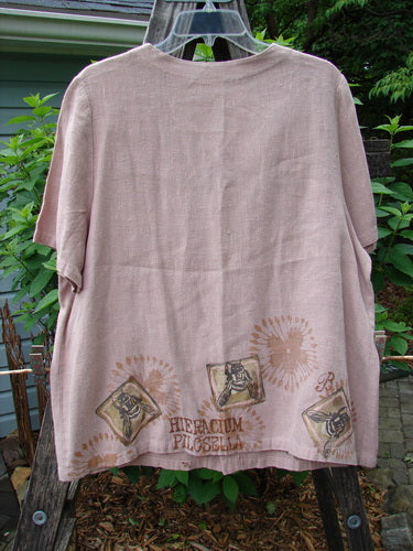 1998 Botanicals Robin's Top Bee Mallow Size 0, heavy-weight linen with bumble bee and garden theme, A-line shape, dual front elastic pockets, seven buttons, and unique back shoulder line.