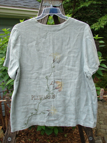 1998 Botanicals Robin's Top Platearius River Size 0 displayed on a hanger, featuring an A-line shape, dual front pockets, 7 buttons, and a garden-themed design on heavyweight linen.