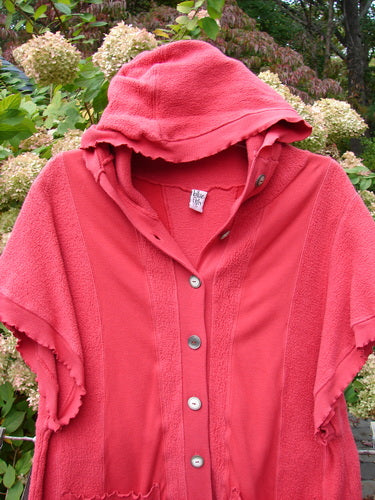 Barclay Celtic Moss Hooded Pocket Cardigan Unpainted Geranium Size 0, featuring short sleeves, floppy hood, two exterior pockets, full button front, and curly edgings.