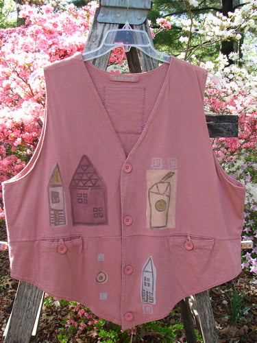 1995 Button Vest Village Russet OSFA: A pink, sleeveless vest with child-like appliqués including a pencil and houses. Features tiny front buttons, waist pockets, and a Blue Fish Patch on the back.