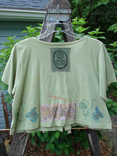 1993 Travel Top Beach Treasure Kelp Altered Size 2 featuring a deeply scooped neckline, crop shape, beach-themed prints, blue fish patch, and rare wooden buttons.