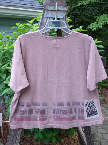 2000 Short Sleeved Crop Tee Mosaic Window Coralline Size 1 displayed on a swinger, showcasing its wide crop box shape, wider flat neckline, and signature Blue Fish patch.