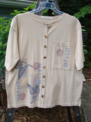 1994 Camp Shirt Berry Fern Garden Flaxen Altered Size 1 featuring blue and purple floral designs, oversized breast pocket, vented sides, drop shoulders, and unique fern garden theme paint.