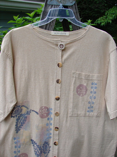 1994 Camp Shirt Berry Fern Garden Flaxen Altered Size 1, featuring a unique fern garden design, front oversized breast pocket, vented sides, wider sleeves, and original Blue Fish buttons.