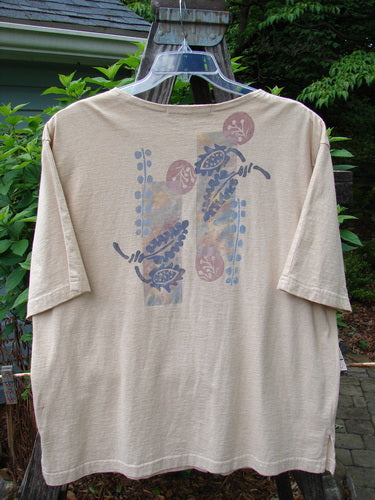 1994 Camp Shirt Berry Fern Garden Flaxen Altered Size 1, featuring blue and purple designs, oversized breast pocket, vented sides, and original Blue Fish buttons. Mid-weight cotton with a detailed fern garden theme.
