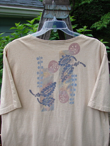 1994 Camp Shirt Berry Fern Garden Flaxen Altered Size 1 features a varying hemline, oversized front breast pocket, drop shoulders, wider sleeves, and a detailed fern garden theme paint with a vintage patch.