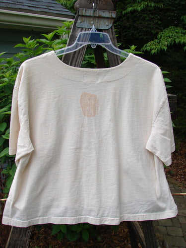 2001 Button Crop Top Game Garden Natural Size 1 displayed on a mannequin, featuring a boxy style, vented hemline, wide short sleeves, and decorative buttons.