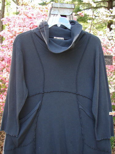 Barclay Thermal Reverse Stitch Pocket Dress Unpainted Raven Size 1, features a hooded neckline, three-quarter sleeves, visible seam paneling, front pouch pockets, hanging outdoors against flowering shrubs.