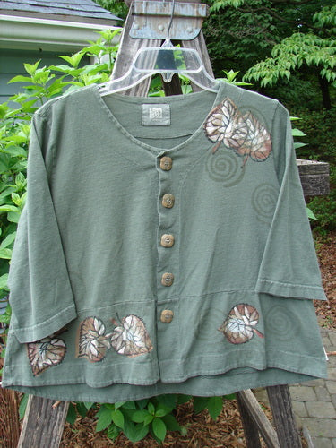 2000 4 Corners Jacket Leaf Green Lake Size 0: Medium weight organic cotton jacket with butterfly and floral designs, crop flared shape, blue floral buttons, and swinging A-line fit.