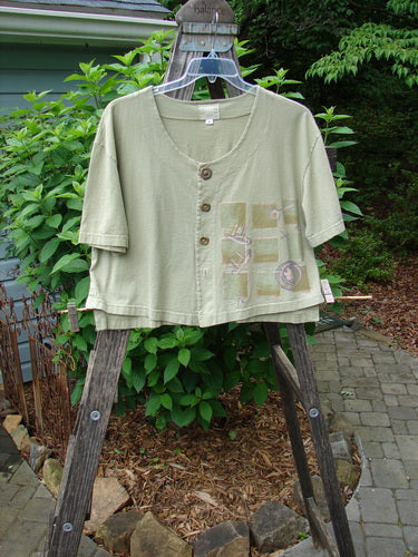 2001 Button Crop Top Junk Drawer Kelp Size 0 displayed on a wooden ladder, showcasing its boxy shape, wide short sleeves, vented hemline, and unique button details.