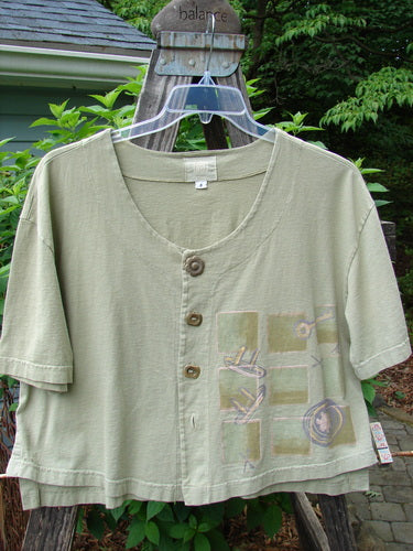 2001 Button Crop Top Junk Drawer Kelp Size 0 displayed on a hanger, featuring wide short sleeves, A-line shape, unique buttons, and a vented hemline, made from medium-weight organic cotton.