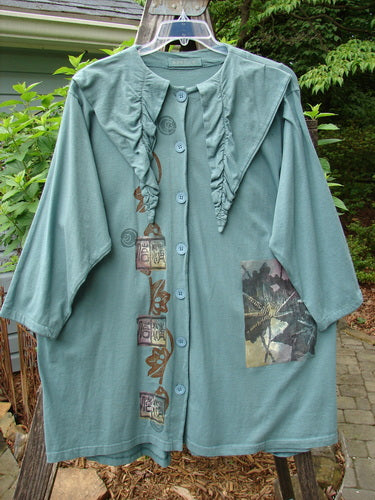 1994 Falling Leaves Jacket Asian Leaves Deep Sea Altered OSFA, featuring a uniquely stitched pointed collar, blue buttons, and a sweet A-line shape with Asian forest and leaf theme paint.
