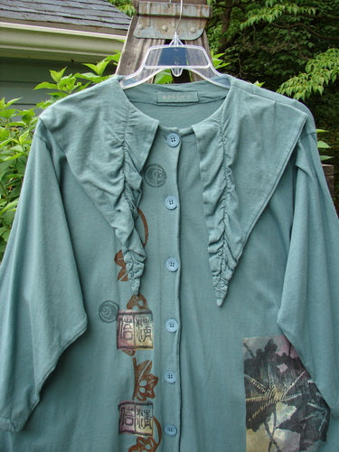1994 Falling Leaves Jacket Asian Leaves Deep Sea Altered OSFA: A green jacket with a uniquely stitched pointed collar, original buttons, rear cord loops, and an Asian forest and leaf theme design.