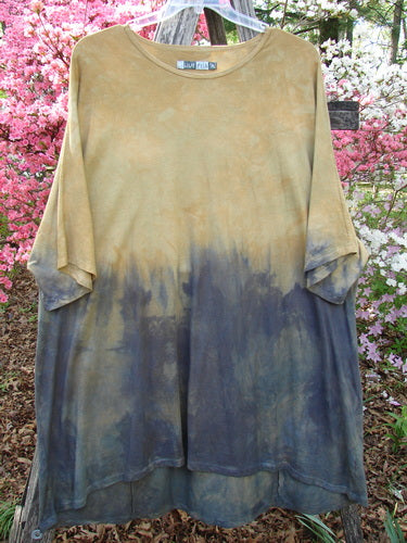 Barclay Art Tunic Tee Mottled Sun Field and Night OSFA, oversized and loose-cut with a two-tone design, features three-quarter sleeves and a rounded neckline on a clear hanger outdoors.