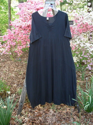 Barclay Gather Sectional Banded Petal Dress Unpainted Black Size 1 on wooden ladder, featuring scooped neckline, gathered bust, and bell accents, set against a garden with pink and white flowering shrubs.
