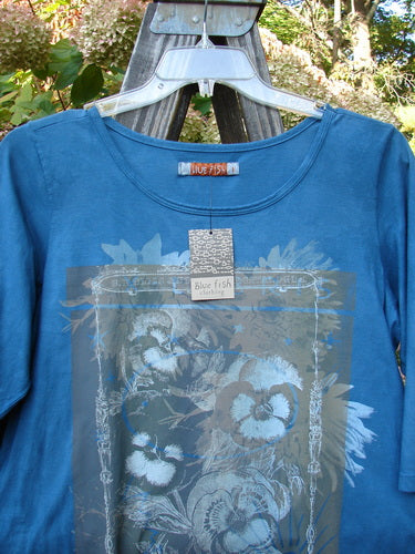 Barclay NWT Modern Slim Tee Top Pansy Mottled Teal Size 1 displayed on a hanger, showcasing three-quarter length sleeves, slight lower hip flare, and a rounded hemline.