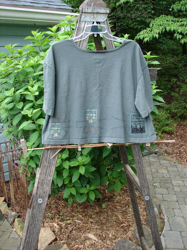 2000 City Side Crop Tee Top Go West Park Size 0 displayed on a wooden stand, showcasing its wide swingy shape, rolled neckline, and signature Blue Fish patch.