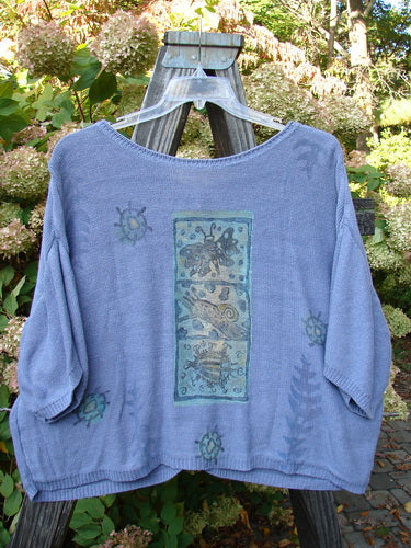 1995 Cotton Rayon Short Sleeved Cardigan Sweater Friendly Garden Dusk Mélange Size 3 featuring colorful buttons, garden critter theme, variegated yarns, ribbed neckline, and wide short sleeves.