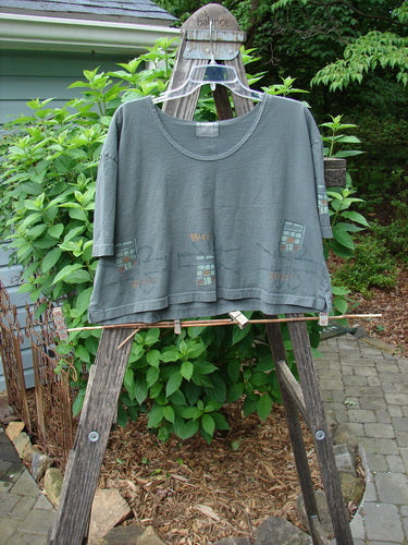 2000 City Side Crop Tee Top Go West Park Size 0 displayed outdoors on a clothesline, featuring a wide swingy shape, rolled neckline, and distinct paint accents from the Transitions Collection of 2000.