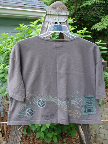 2000 City Side Crop Tee Top Go South Iron Size 1 displayed on a hanger, showcasing its wide, swingy shape, big paint sleeve accents, softly rolled neckline, and vented sides.