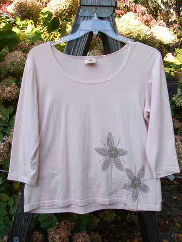 Barclay Cotton Lycra Three Quarter Sleeved A Line Tee Double Daisy Pink Tile Size 1, featuring a daisy stem pattern, rounded neckline, and slightly tapering bodice, displayed in good condition.