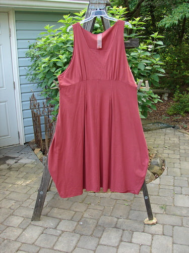 1993 Crepe Teapot Jumper Unpainted Cranberry Size 1 hanging on a clothesline, showcasing its rounded neckline, pleated accents, and A-line flair, highlighting its vintage charm and perfect condition.