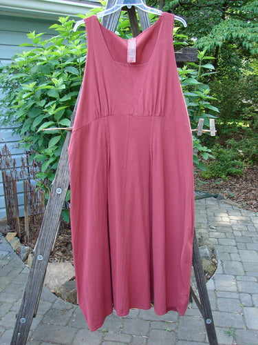 1993 Crepe Teapot Jumper Unpainted Cranberry Size 1 hanging on a clothesline, showcasing its rounded neckline, gathered upper empire back waist seam, and double pleated vertical front accents.