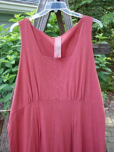 1993 Crepe Teapot Jumper Unpainted Cranberry Size 1 displayed on a hanger, showcasing its rounded neckline, gathered back waist seam, and pleated accents, highlighting its elegant A-line flair and bell-shaped lower hem.