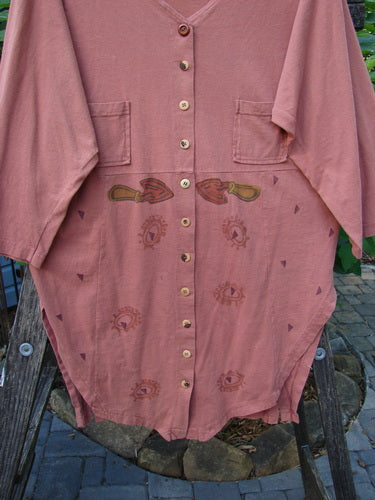 1994 Grasshopper Coat Garden Tools Gourd Size 1, featuring a super wide deep V-neckline, original small buttons, two upper pockets, sectional panels, and a shirttail back hemline.