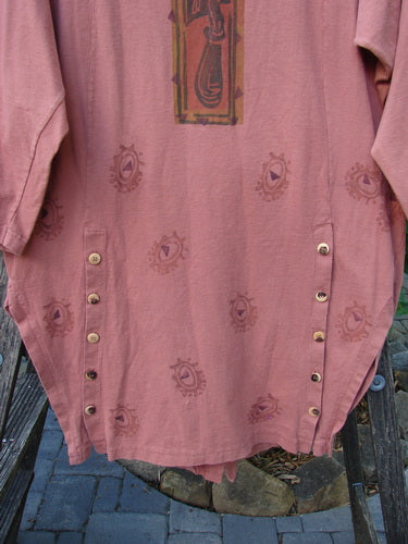 1994 Grasshopper Coat Garden Tools Gourd Size 1 with a deep V neckline, original buttons, upper pockets, and a unique garden tool theme. Features sectional panels and a slight empire waistline.