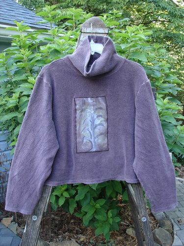 2000 PMU Celtic Moss Big Collar Top Aubergine Size 2 featuring a front leaf patch and Blue Fish signature patch on the lower back corner, made from soft, dense fleecy fabric with a mock turtleneck.
