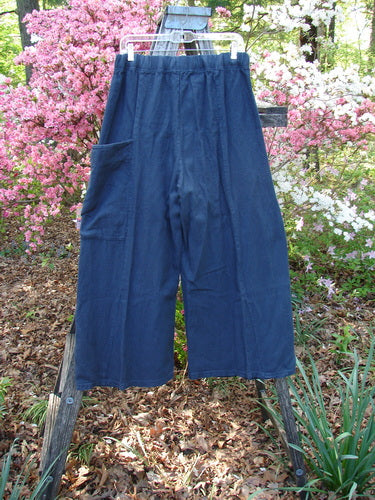 Barclay Heavy Linen Single Side Pocket Pant in Unpainted Navy, Generous Size 0, featuring wide legs and an elastic waist, elegantly displayed on a hanger against a garden backdrop.
