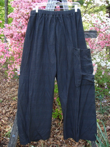 Barclay Linen Striation Single Side Pocket Pant Unpainted Black Generous Size 0, hanging outdoors, features a loose fit, elastic waist, and side pocket. Perfect for mixing and matching with other Blue Fish pieces.