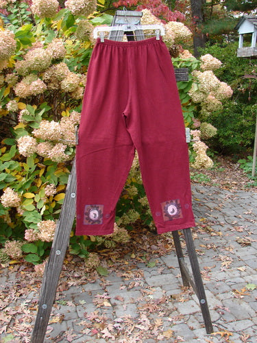 1997 Holiday Simple Pant Balanced Atom Regalia Size 0: A pair of red pants with a flower design on them, hanging on a rack.