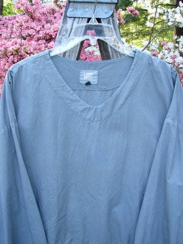 2000 Percal Overshirt Top Unpainted Eucalyptus Size 2, a light gray-blue tunic with a drop waist seam and A-line shape, displayed on a hanger against a blooming background.