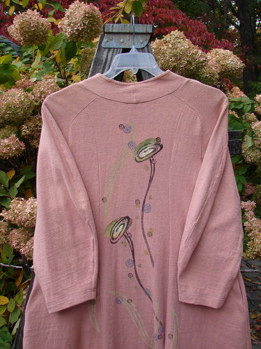 1996 Reprocessed Spring Rain Jacket Bud Time Altered Petal OSFA: A pink shirt with a painted flower design, deep side pockets, and vintage closure.