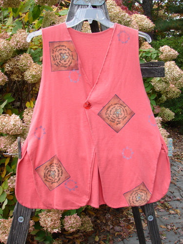 1997 Elements Dock Vest Ocean Life Altered Firefly Altered Size 1: A pink vest with a flower and star design, made from organic cotton. Single button closure, high vented rounded sides, draw cord back. Bust 42, waist 44, hips 48, length 28.