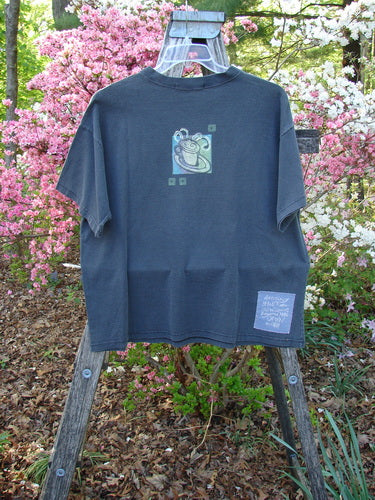 1996 Short Sleeved Tee Drummer Storm Size 1 in dark-grey, displayed on a wooden step-ladder, features a cartoon graphic on the chest and a text patch near the hem, embodying BlueFishFinder's vintage style.