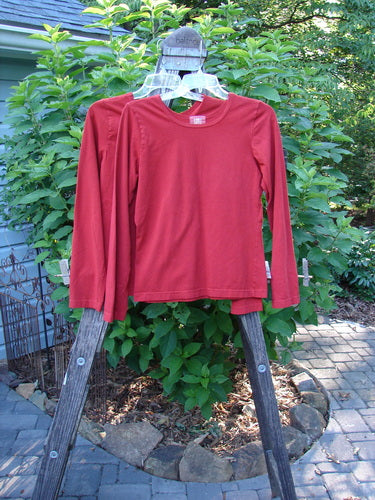 2000 Cotton Lycra Long Sleeved Layering Tops Unpainted Bittersweet Size 1 displayed on a wooden swinger, showcasing its fitted, shapely design with a rounded neckline.